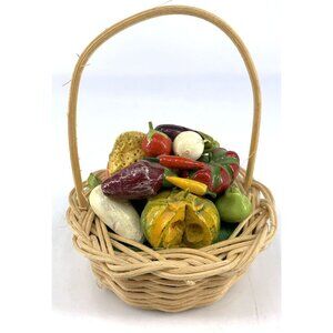 Miniature Dollhouse Fruit Vegetable Wood Basket Painted Realistic 4" Tall Vtg